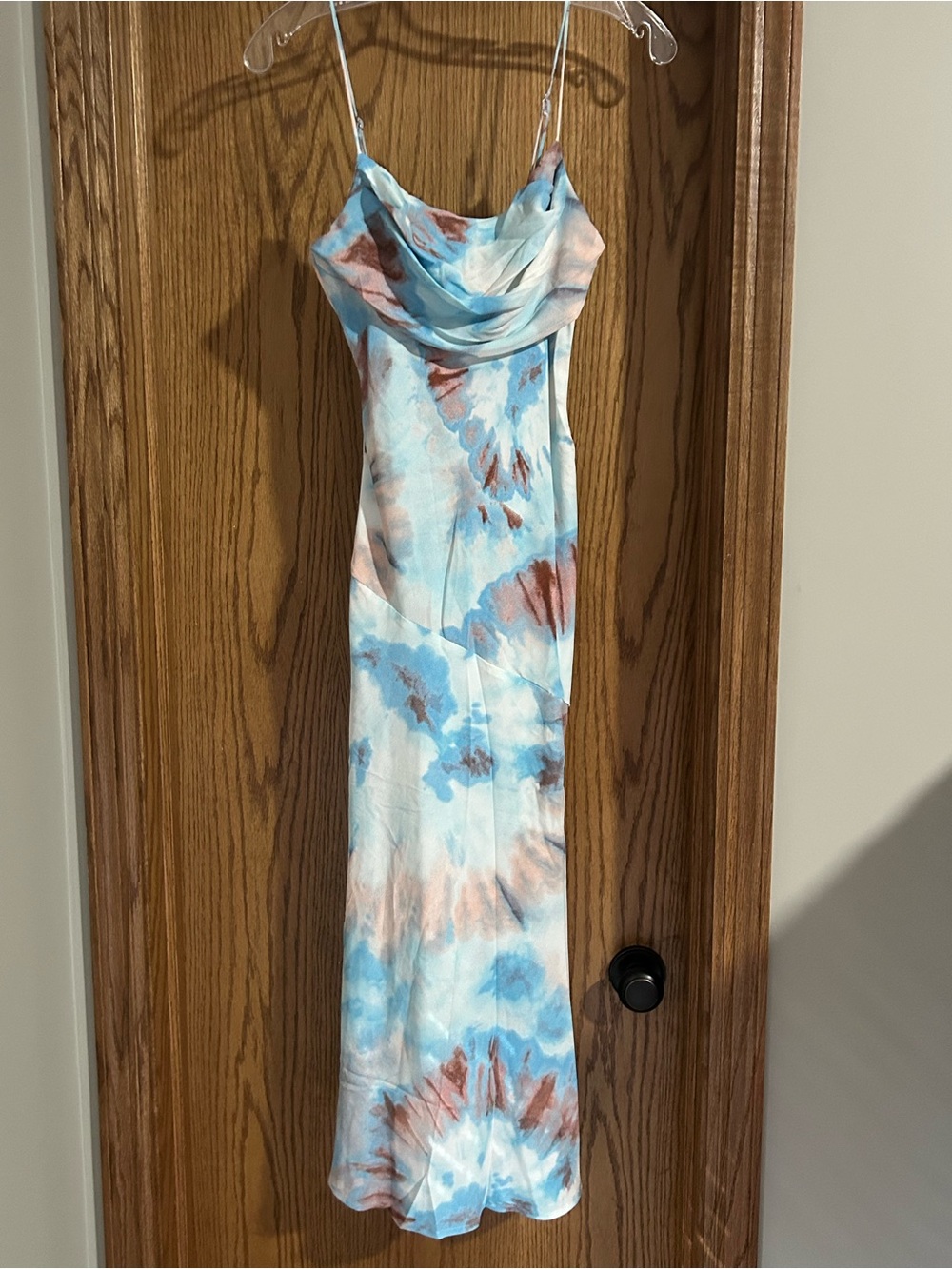 Hello Molly Blue and Brown Tie-Dye Cowl Slip Maxi Dress